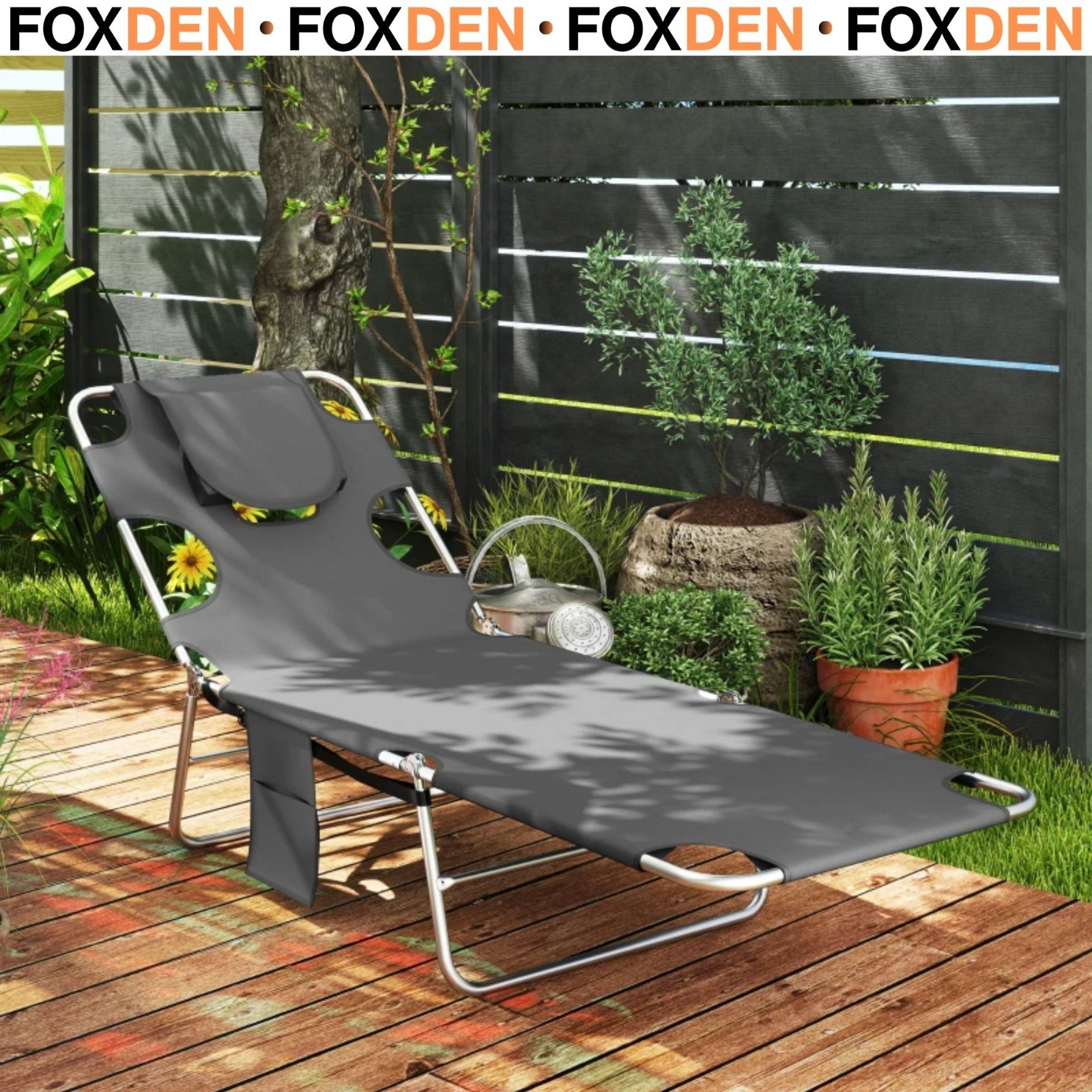 Reclining Face Hole Sun Lounger Folding Garden Lounger Grey 185cm x 55cm x 88cm