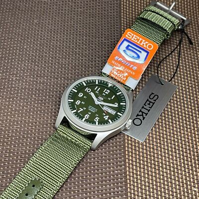 Pre-owned Seiko 5 Sports Snzg09j1 Army Green Nylon Automatic Made In Japan Men's Watch In White