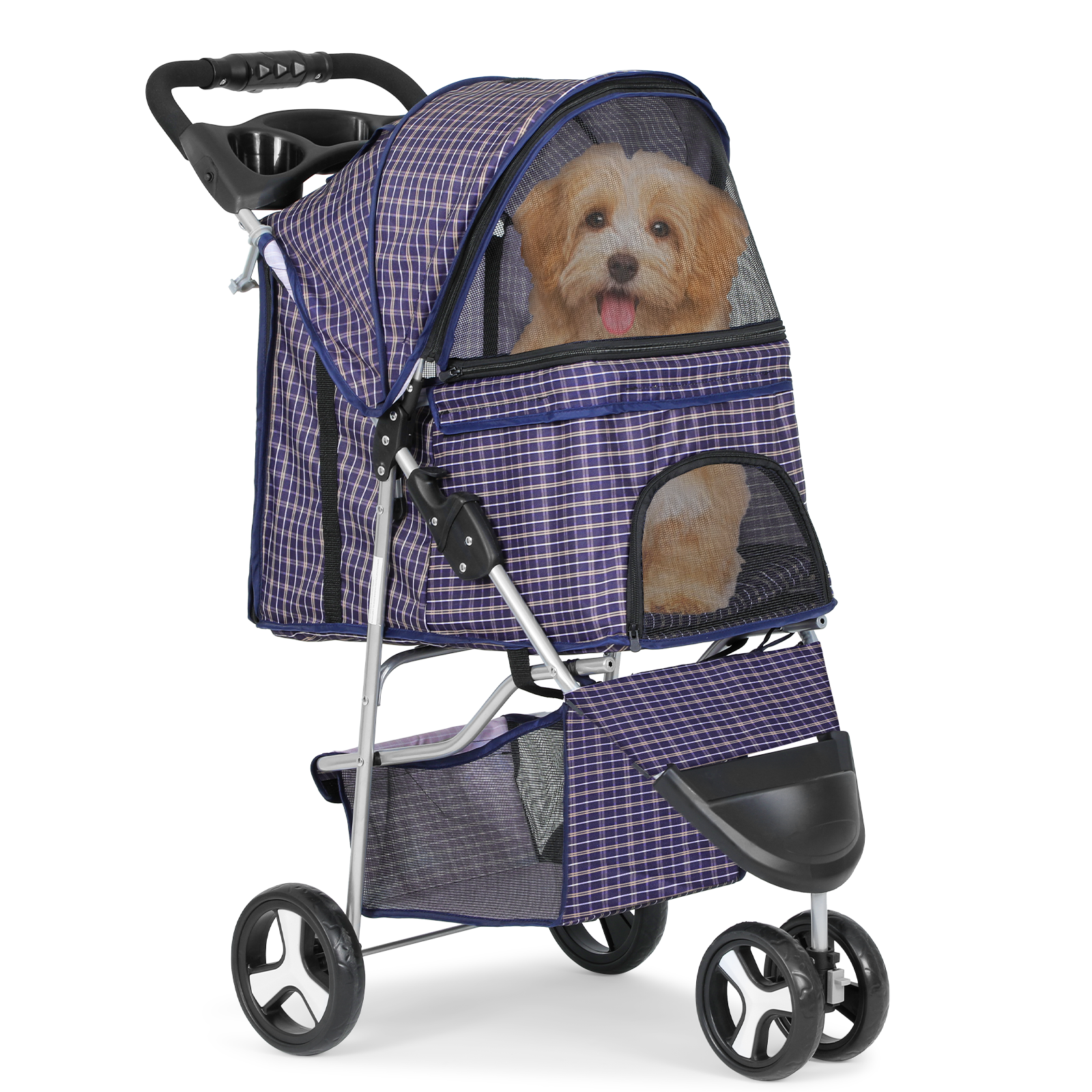 Foldable Pet Dog Stroller Portable 3 Wheels Travel Carrier Dog Cage w/Cup Holder
