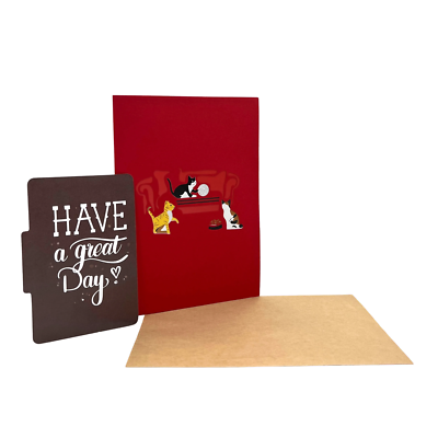 Pop Up Greeting Card - 3D Pop-Up Three Mischievous Cats on The Red Sofa