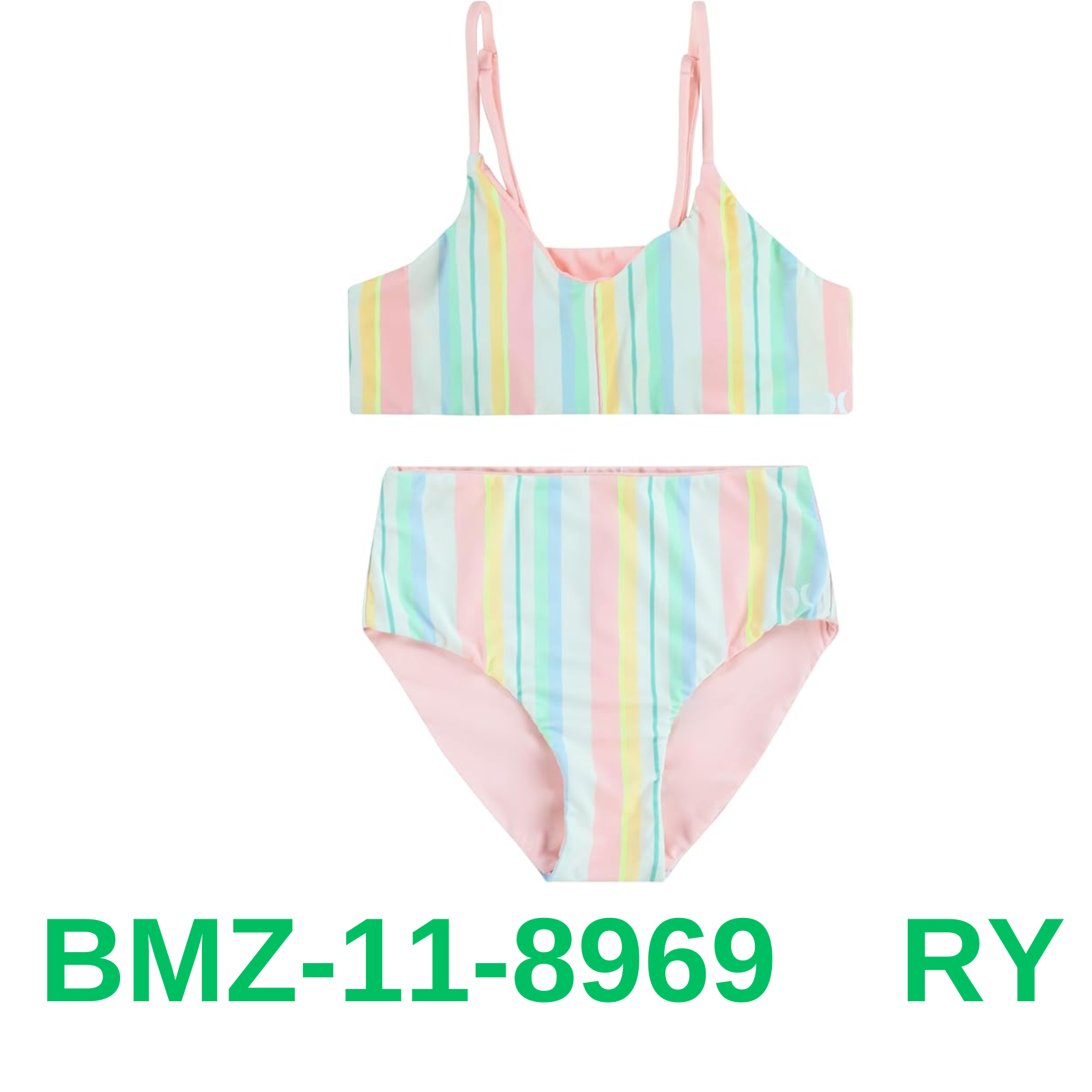 Hurley Girls' High Waisted Bikini 2-Piece Swimsuit, Pink/Multi Stripe, size 12