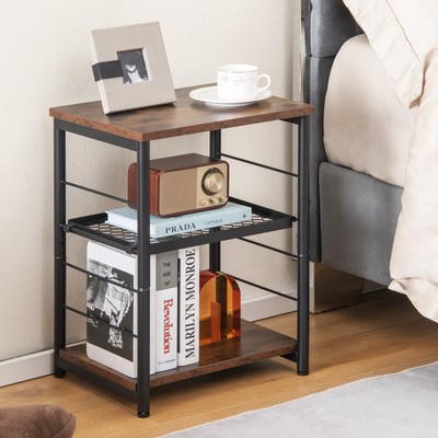3-Tier Side End Table w/ Adjustable Mesh Shelf Narrow Nightstand