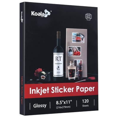 Koala Printable Glossy Sticker Paper for Inkjet Printer, White, 8.5x11 Inch S...
