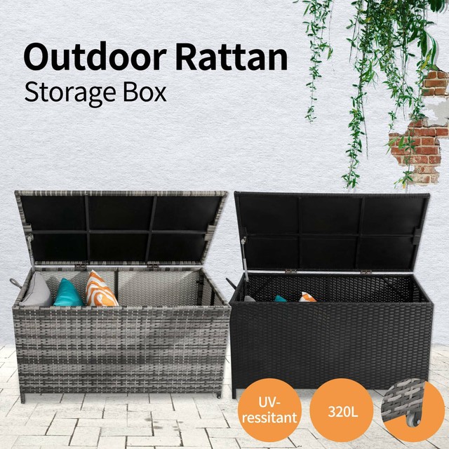 Free DeliveryOutdoor PE Wicker Storage Box Garden 320LBlack Sheds