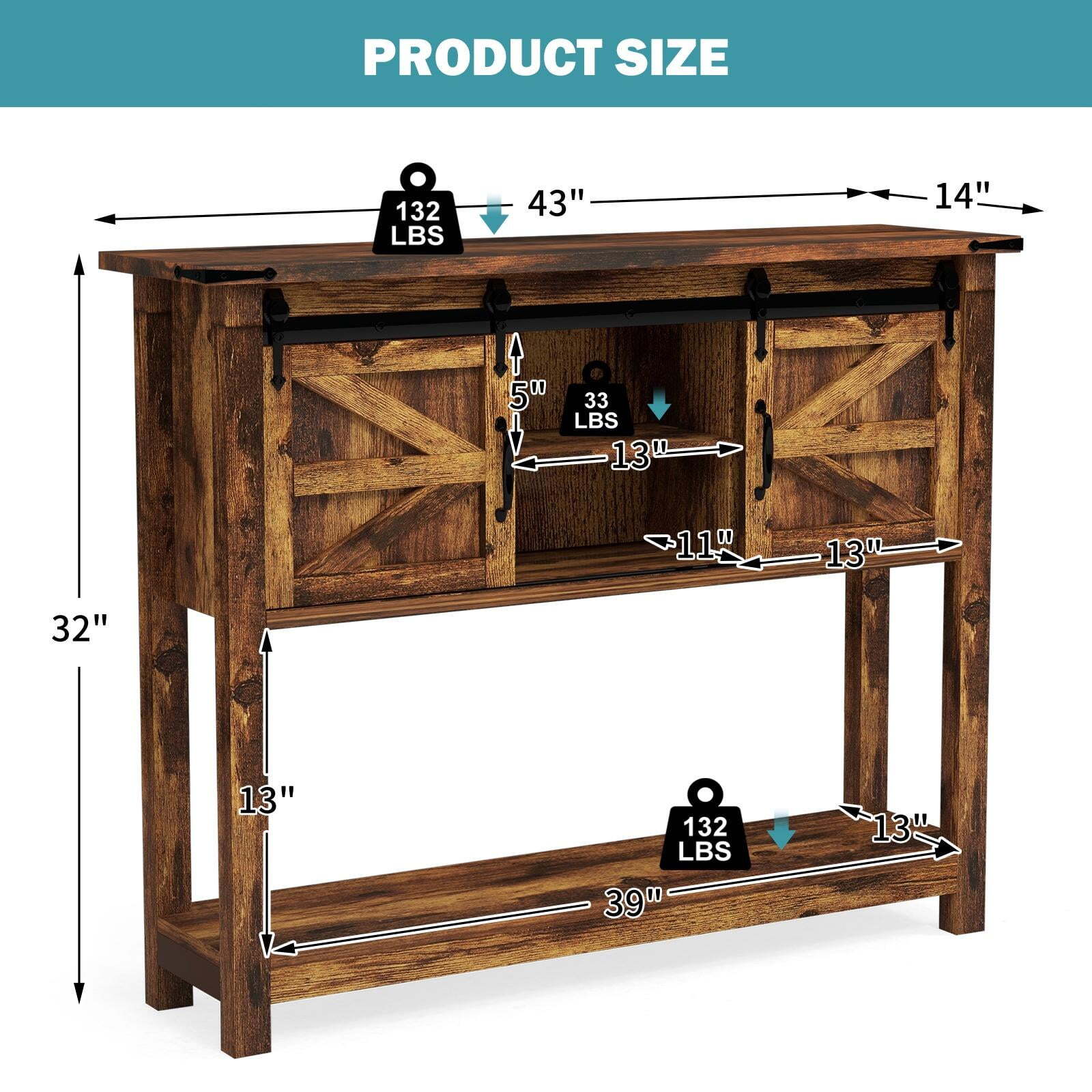 Table with Sliding Barn Doors, 43 Inch Farmhouse Console Table with Storage