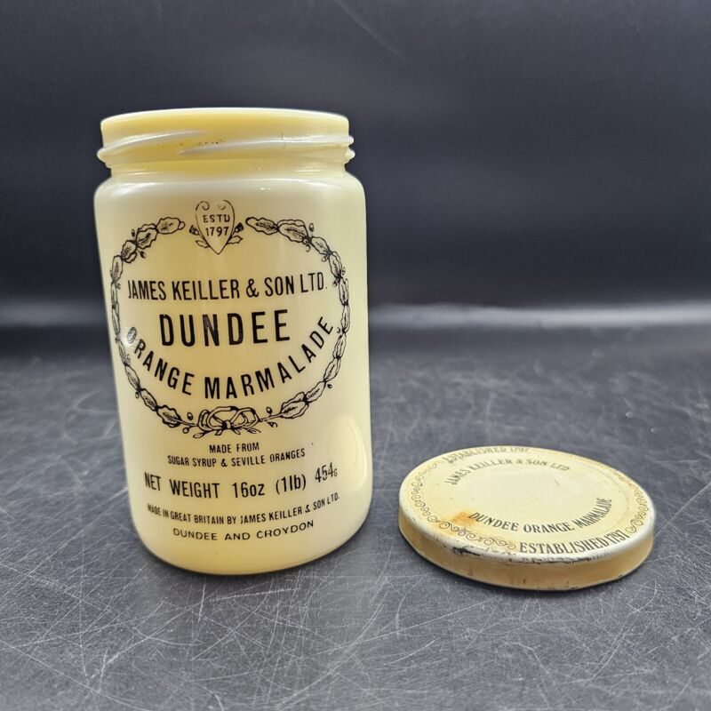 Vtg Dundee Orange Marmalade Jar W/Lid 16oz. James Keiller & Son LTD Milk Glass