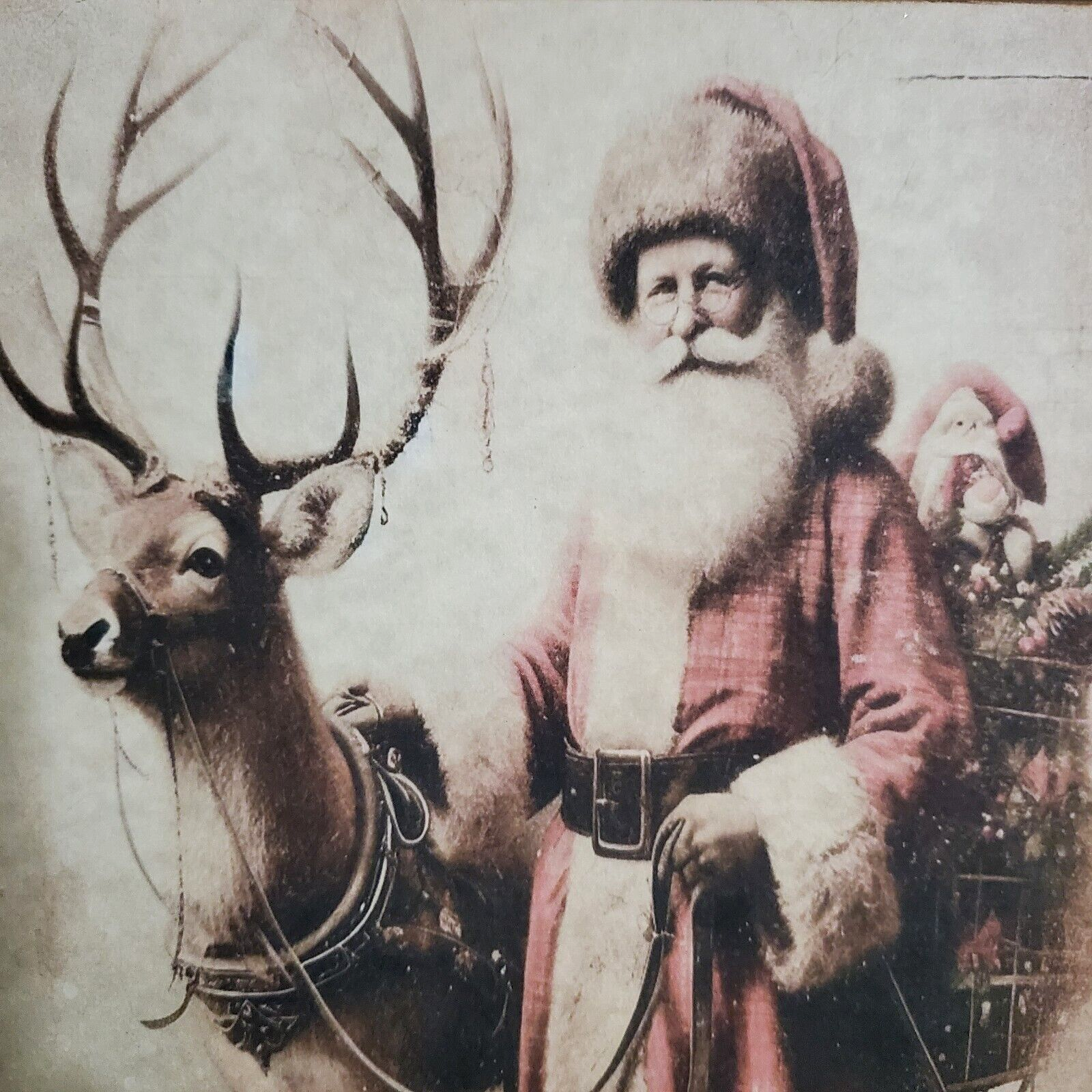 STUNNING SHABBY VINTAGE PRIMITIVE VICTORIAN FOLK STYLE CHRISTMAS SANTA DEER SIGN