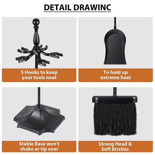 5 PCS Fireplace Tools Set Fireplace Accessories Tools Holder with Handle Indoor