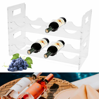 Acrylic 8 Bottles Holder Wine Rack Storage 2 Tier Solid Wood Display Shelves
