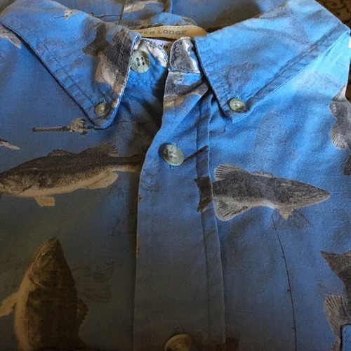 Columbia-100% Cotton Shirt-Men’s-Blue Bass Print-River Lodge Wear-Size 2XL