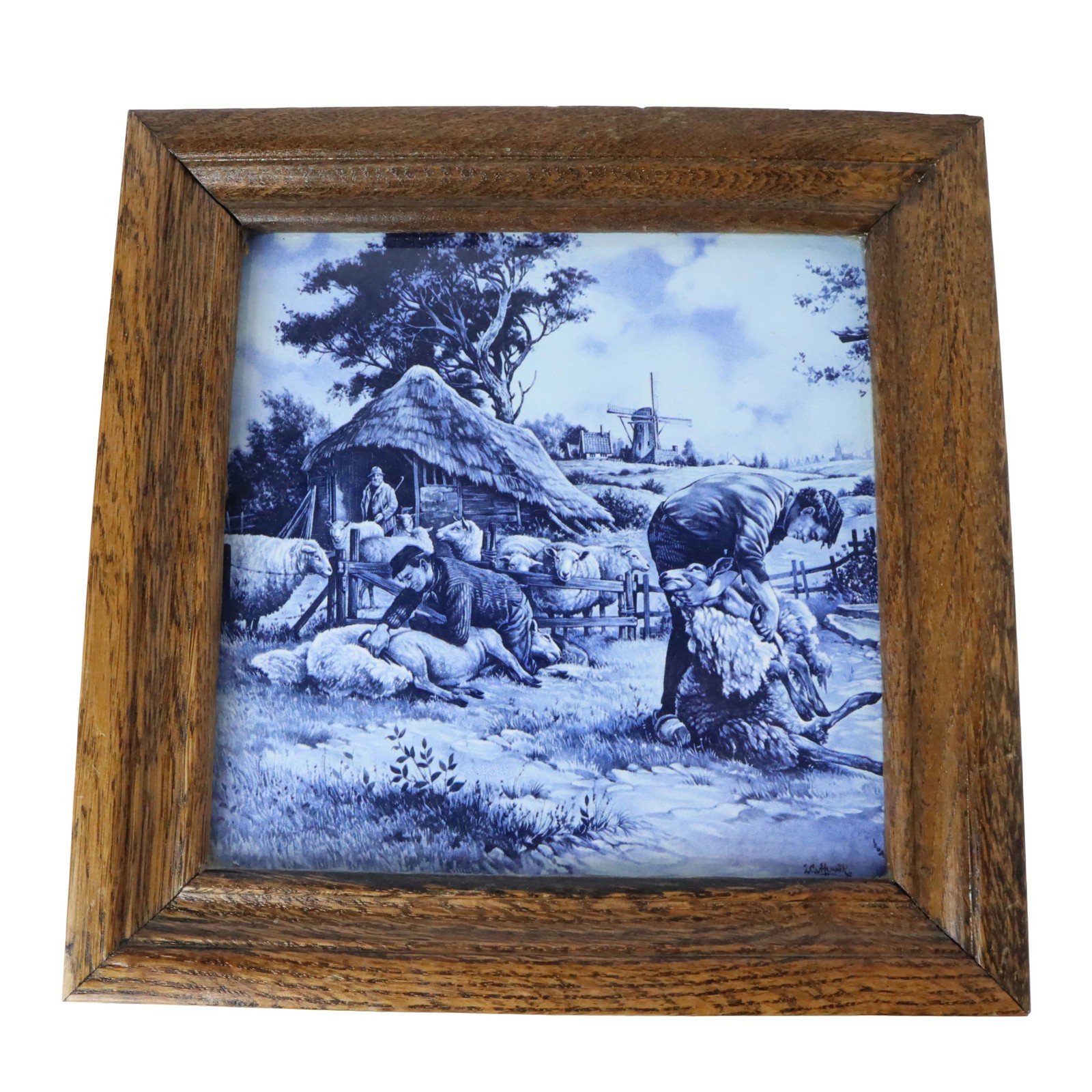 Vintage Royal Mosa Holland Delft Blue Ceramic Tile Sheep Shearing Windmill
