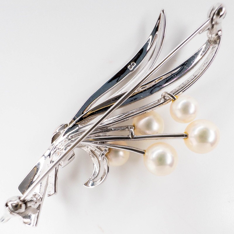 【MIKIMOTO】SILVER ブローチ VTG Mikimoto 5 Pearls Silver Ribbon Design Brooch in Orignal