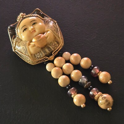 GOLD Filled Vintage Brooch Pin Hand Carved Natural Stone Beads Netsuke Style 128