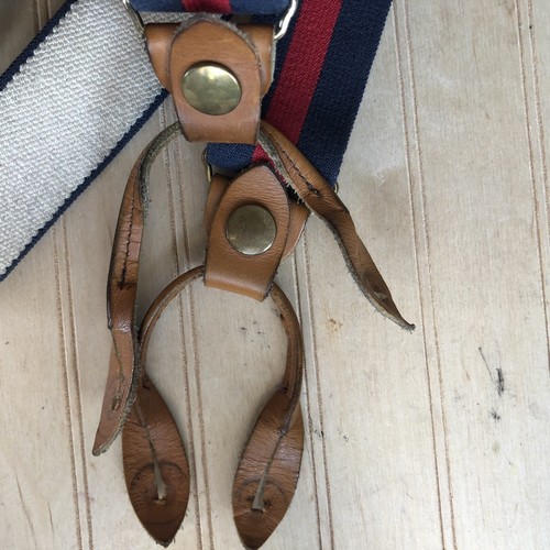 LL Bean Men Large Suspenders Leather Button Tabs Blue Red Striped Elastic