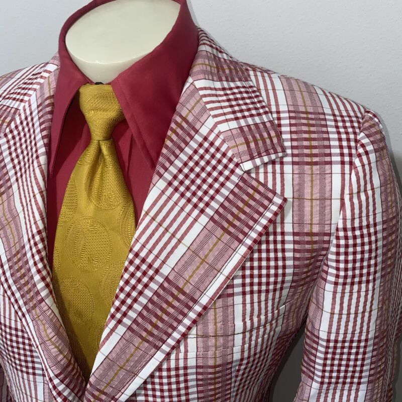 Vtg 60s 70s Blazer Jacket Polyester Leisure Suit Plaid Coat Pink Red Mens 42 S