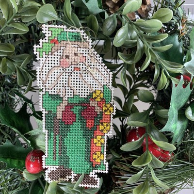 Santa w Jingle Bells Cross Stitch Christmas Ornament Completed Handmade Hangs