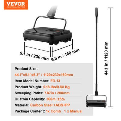 VEVOR Carpet Sweeper Floor Sweeper Manual 7.87 in Sweeping Paths Non Electric