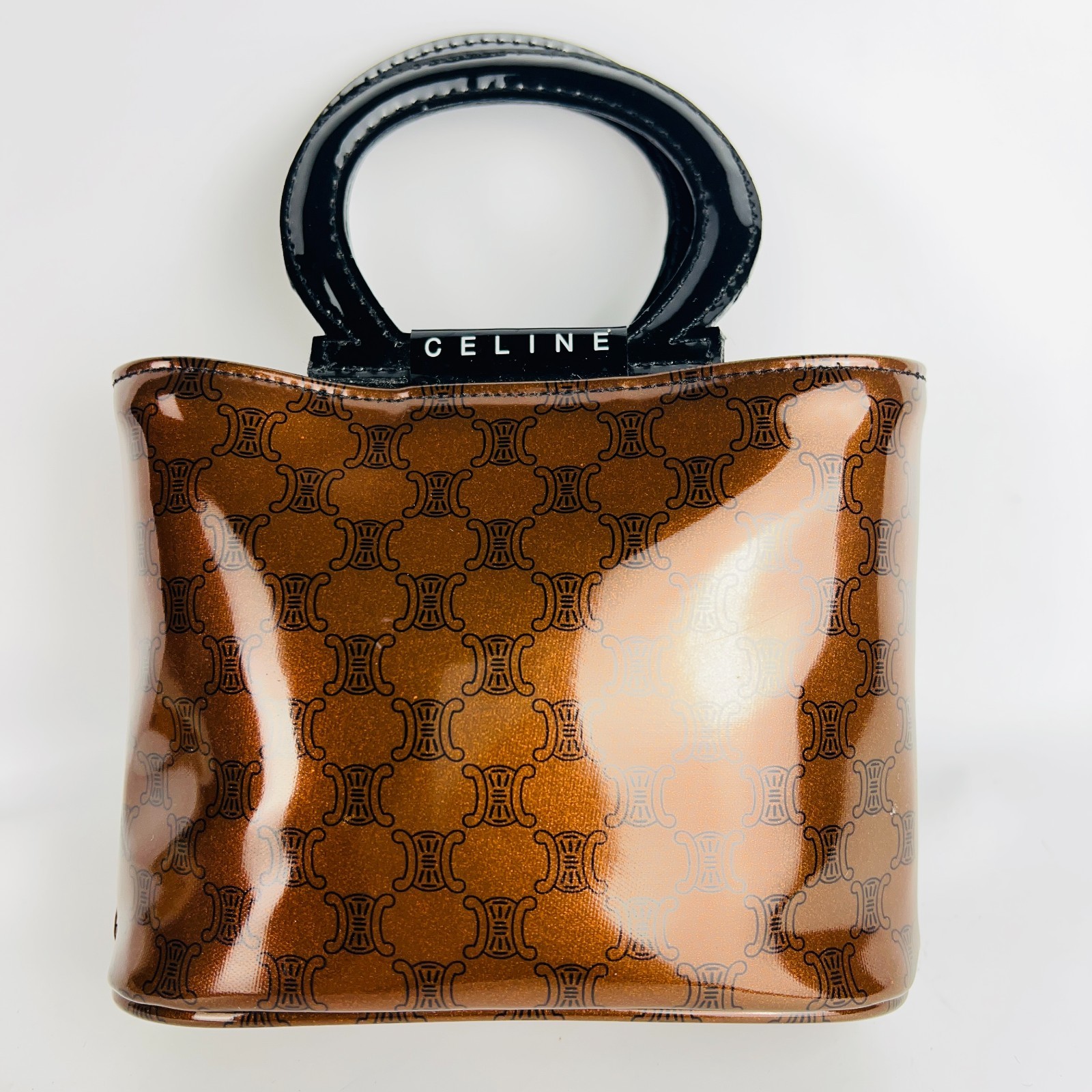バッグ CELINE MACADAM ENAMEL PVC HAND BAG PORCH CELINE MACADAM ENAMEL PVC HAND BAG PORCH Brown Vintage