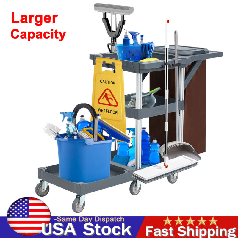 Commercial Janitorial Trolley Cleaning Cart w/ Vinyl Bag Cover for Housekeeping 