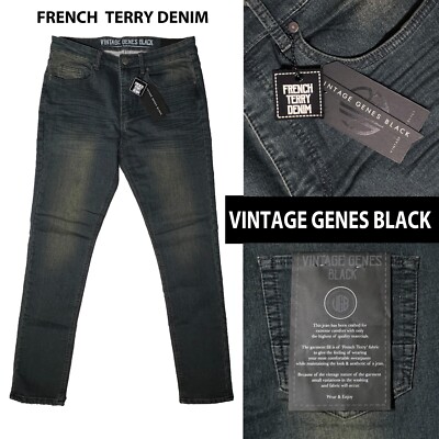 VGB Vintage Genes Black Mens Slim Fit Comfort French Terry Denim Blue Gray Jeans