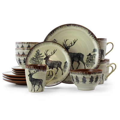 Elama Majestic Elk 16 Piece Luxurious Stoneware Dinnerware with Complete Setting
