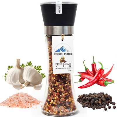 Bush Girls Smoked Garlic Chili Flakes Black Pepper Pink Salt Glass Grinder 180g