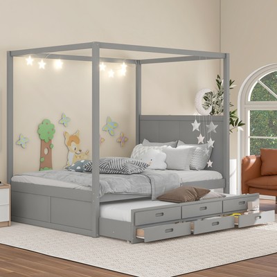 Queen Size Canopy Platform Bed with Twin Size Trundle and Three Storage Drawers,