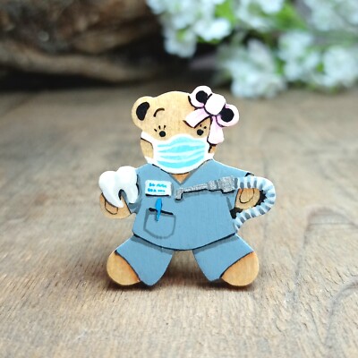 Dental Nurse Gift Handmade Teddy Bear Brooch Pin New Job Hygienist Dentist Badge