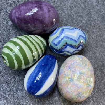 Vintage Ceramic Easter Eggs Stripes Purple Green Blue Lot Of 5
