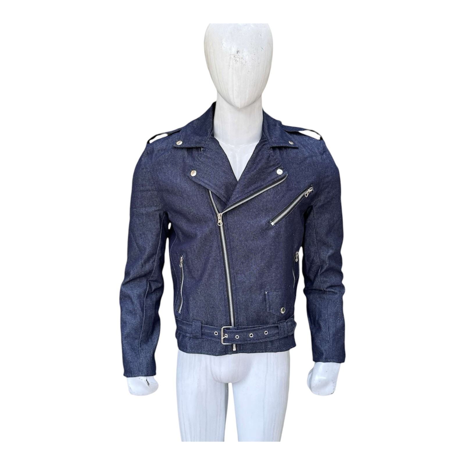 ◆THE MUSEUM VISITOR◆ DENIM ZIPPER BIKER JACKET WASHED BLUE MEN'S BLUE DENIM CLASSIC BIKER MOTORCYCLE JACKET ZIPPER