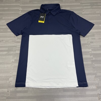 Under Armour Performance Blocked Mens Small Golf Polo Shirt UPF 50 Navy White*