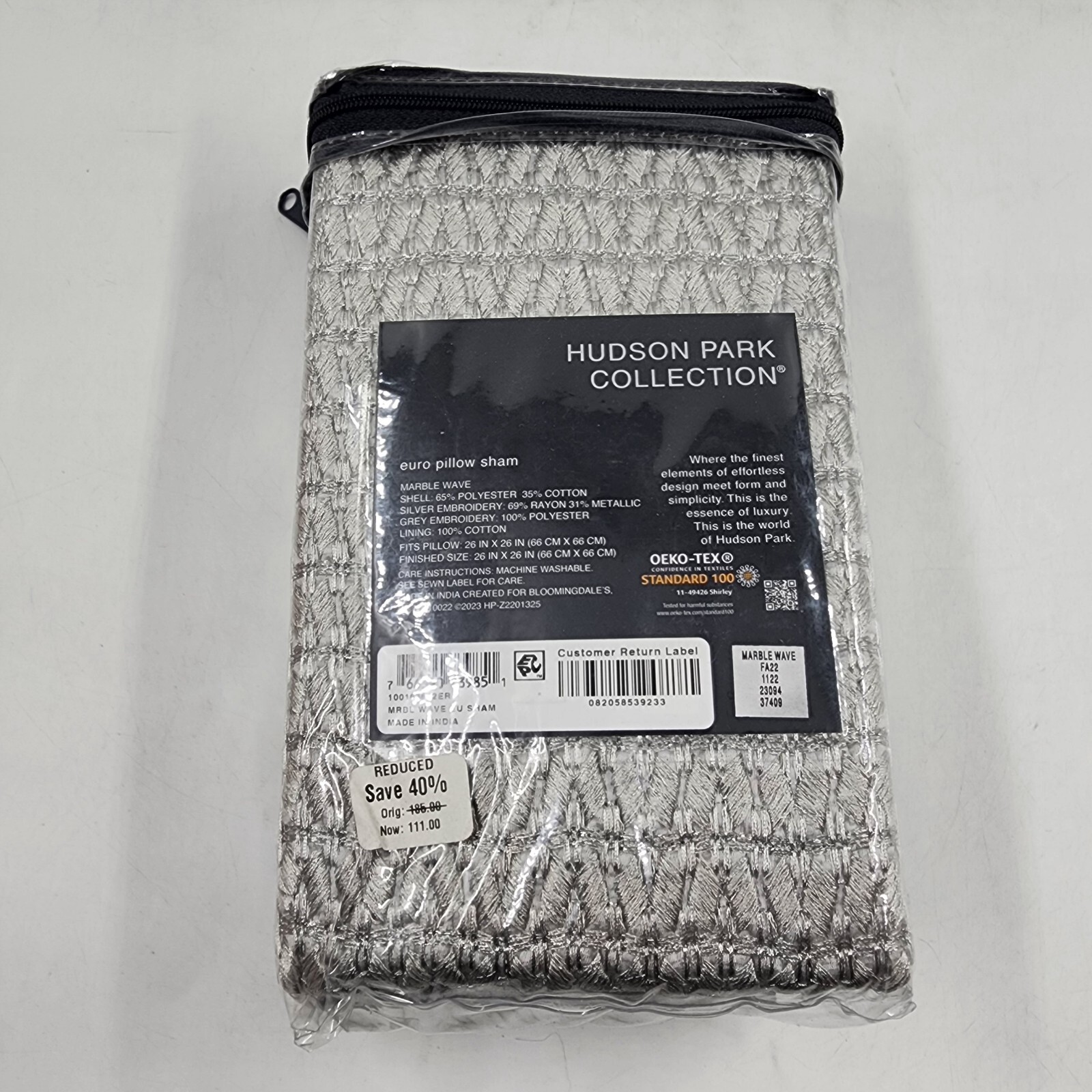 Hudson Park Collection Marble Wave Euro Pillow Sham 26 x 26in Silver Zip Closure - Picture 10 of 15
