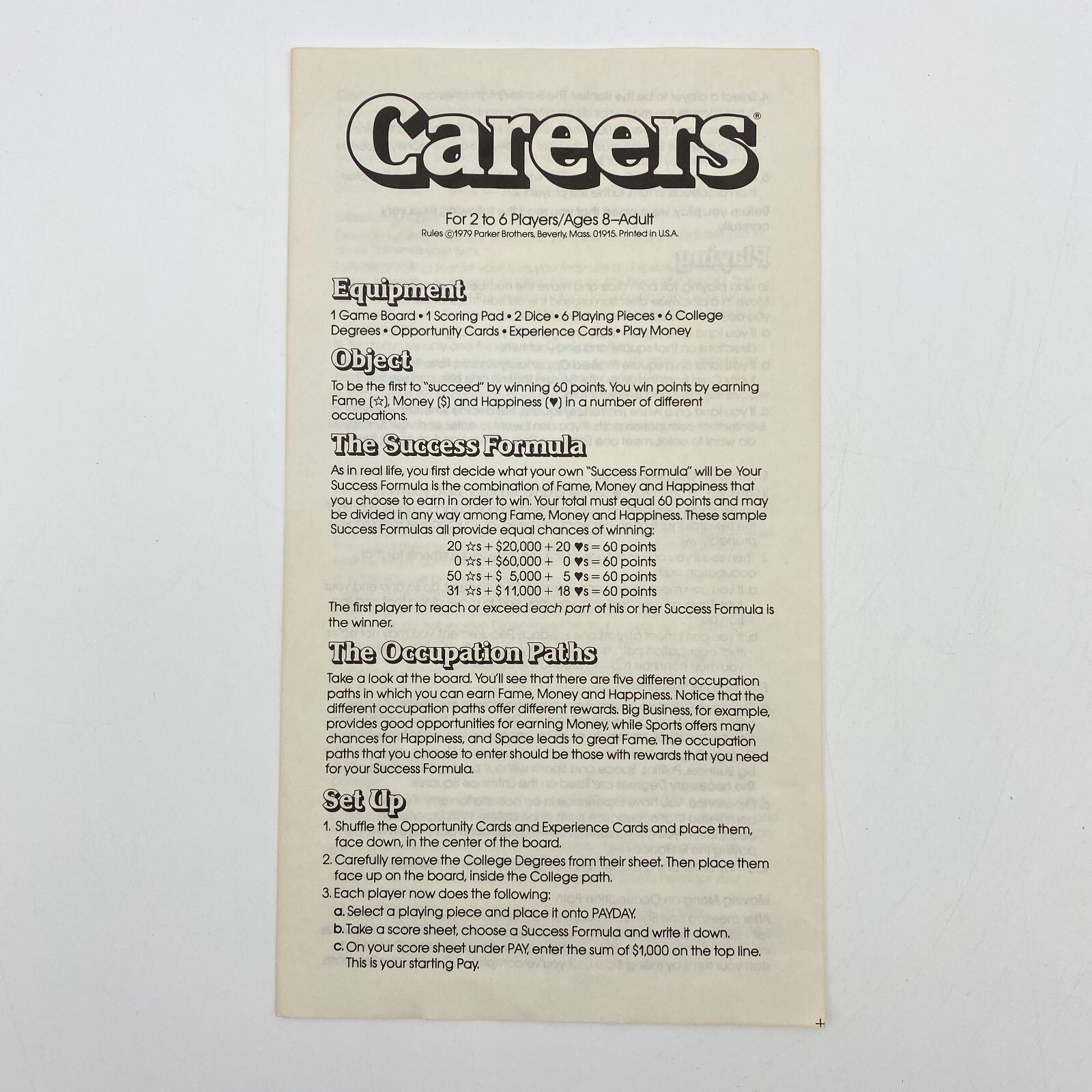Instructions Manual Rules Vintage Careers 1979 Replacement Pieces