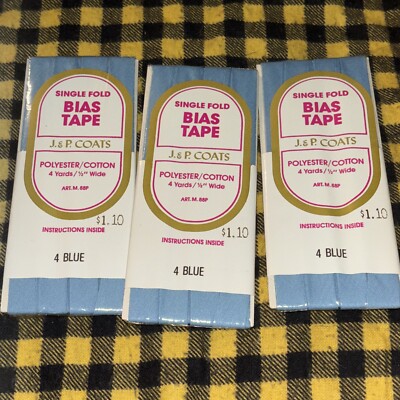 3 Lot J.&P. Coats Single Fold Bias Tape 1/2'' Wide 4 Yards Each #4  Blue