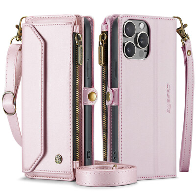 For iPhone 15 Pro Max 14 13 12 11 7 8 XR Leather Crossbody Strap Wallet Case 