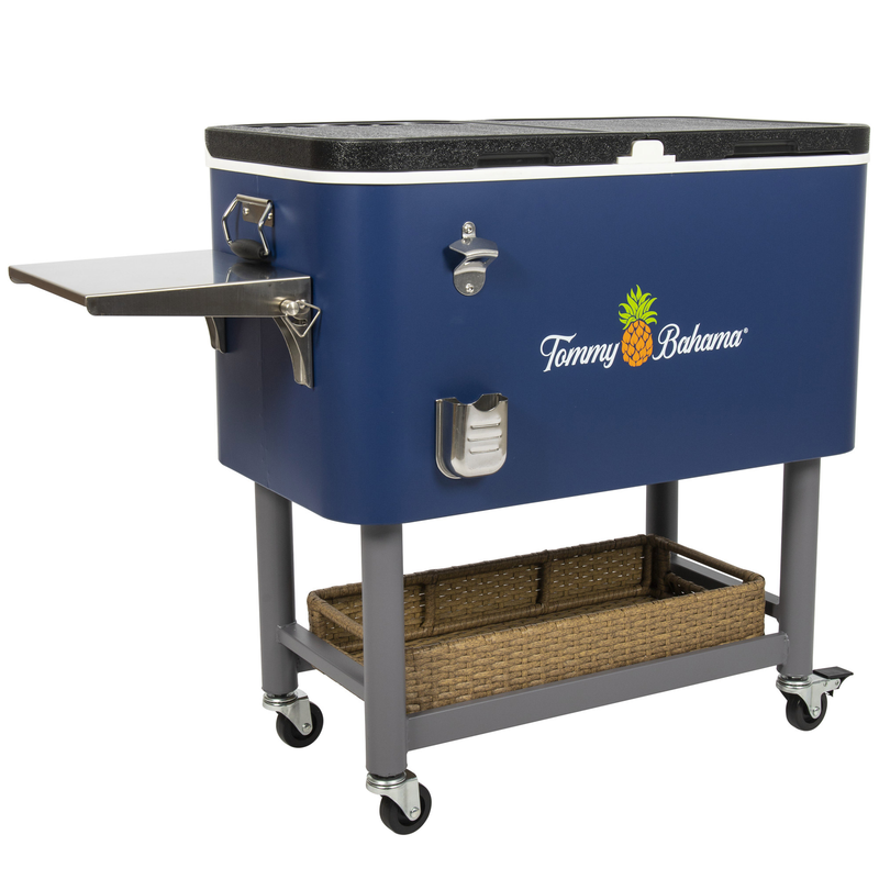 Tommy Bahama 100 Quart Stainless Steel Rolling Cooler Chest, Drain Plug,  Blue
