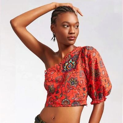 Anthro X FARM Rio One-Shoulder Boho peasant Crop Top Multicolor Red Size M