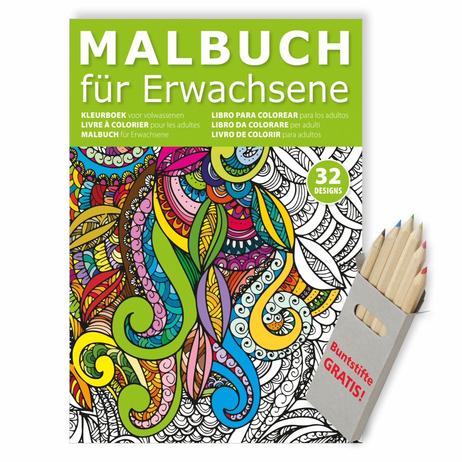 Malbuch für Erwachsene zur Entspannung Ausmalbuch in A4 und 6 Buntstifte gratis