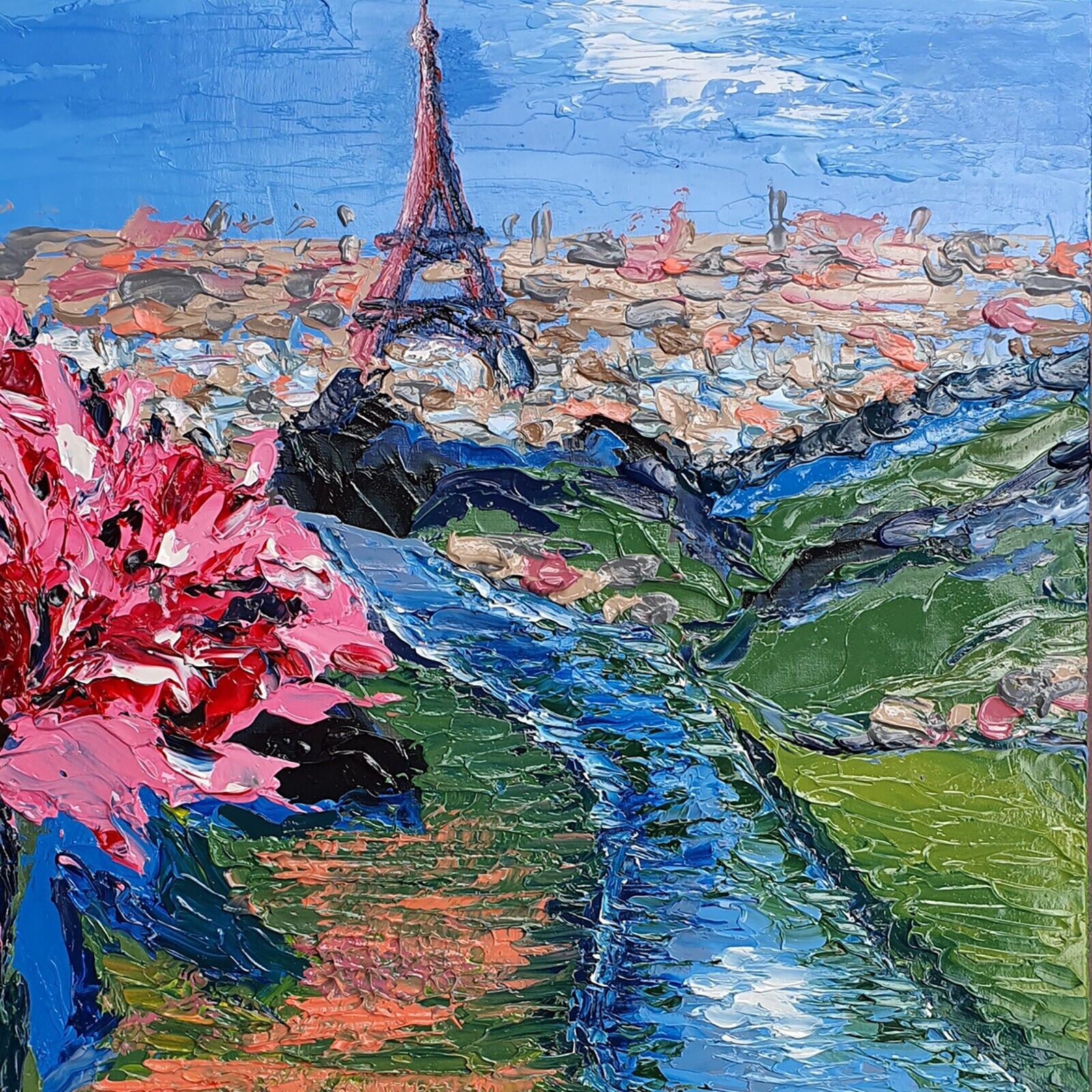 Oil Painting Eiffel Tower Original Art Roses Flowers Wall Oil Painting Eiffel Tower Original Art Roses Flowers Wall