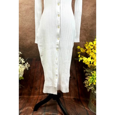 Pre-owned Lita By Ciara Icon Rib V Neck Cardigan Button Front Midi Dress - White - Size M