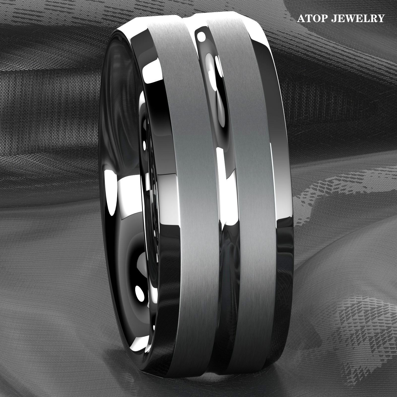 8mm Siver  Tungsten Men Channel Stripe Center Comfort Fit ATOP Wedding Band Ring