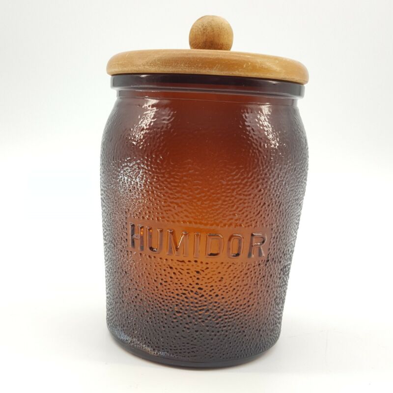 Vintage Dun-Rite Wood Nov Inc. Duraglas Brown Glass Jar Humidor With Wood Lid