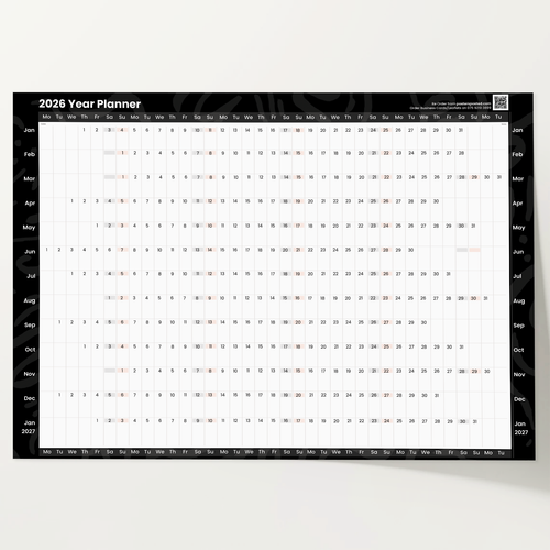 2026 Black Year Planner Wall Chart Month To View Calendar