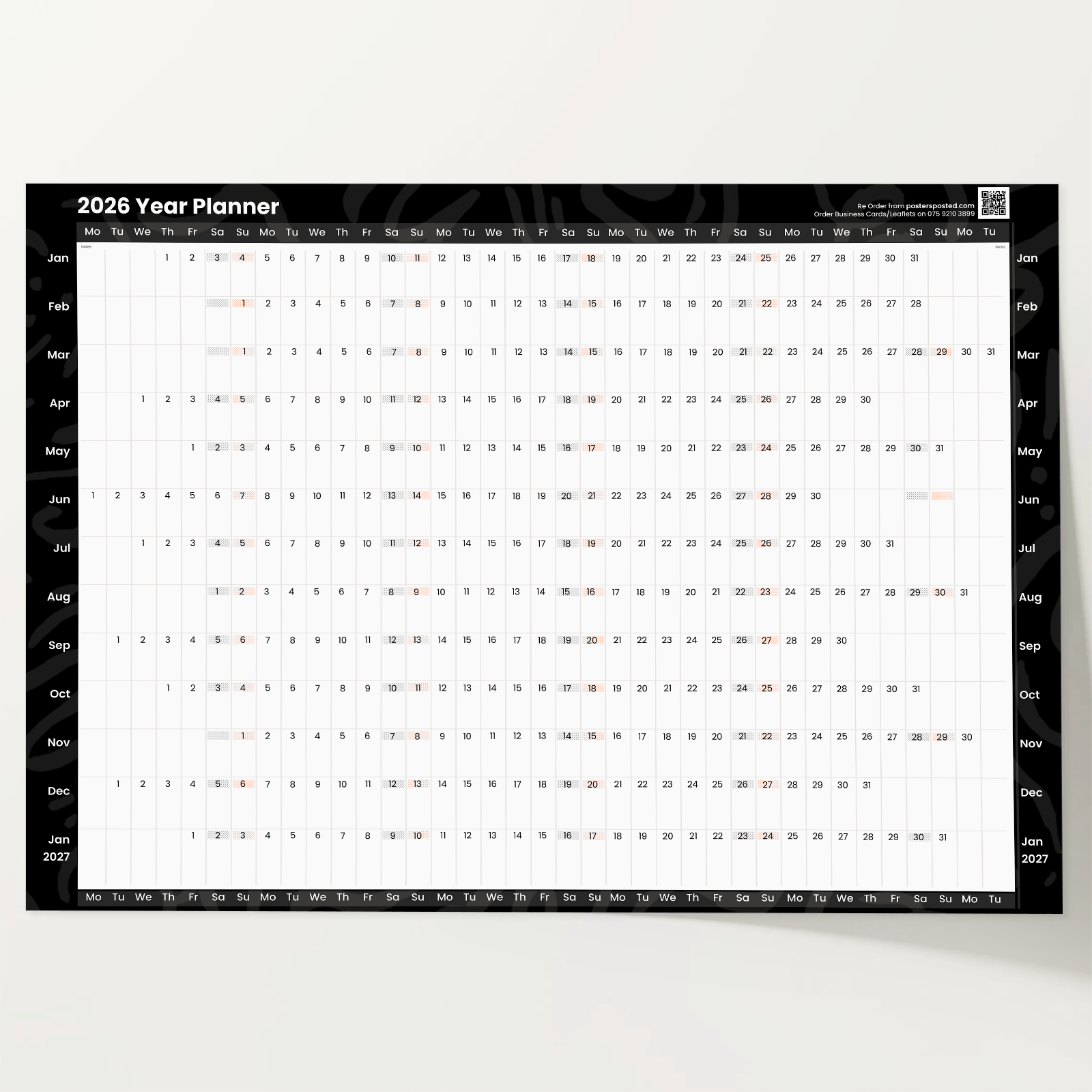 2026 Wall Planner Full Year Calendar Black Planner For Home Office Jan-Dec A5-A1