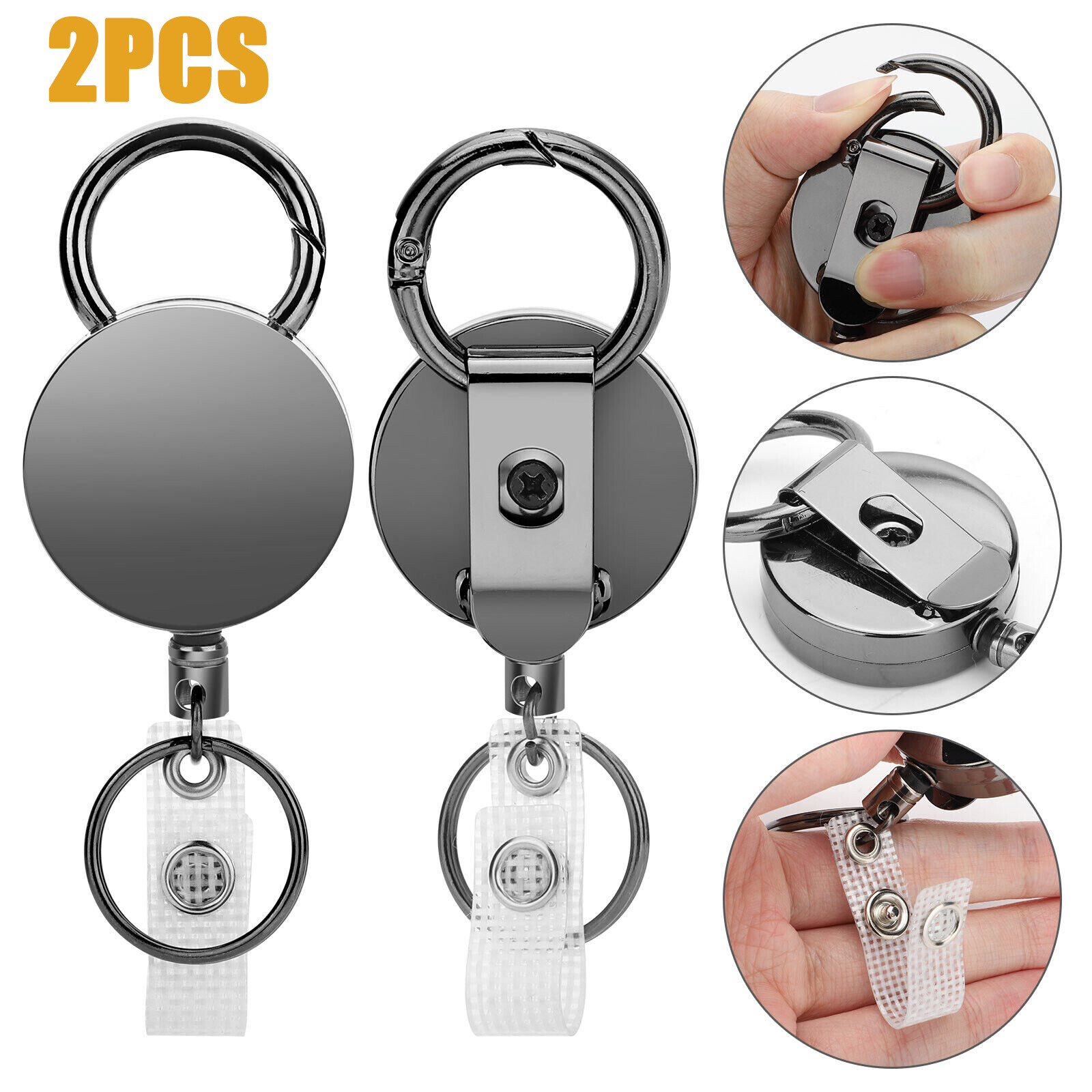 Heavy Duty Metal Retractable Badge Reel Holder Steel Cord Belt Clip Key Ring US