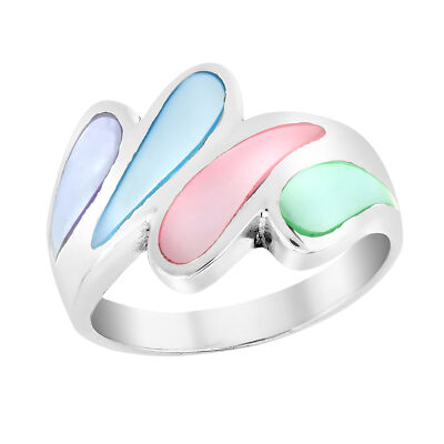 Unique Water Droplets Multicolored Mother of Pearl Wide Sterling Silver Ring-10