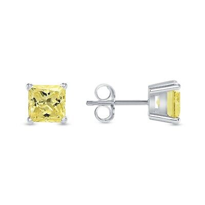 Pre-owned Shine Brite With A Diamond 2 Ct Princess Cut Canary Earrings Studs Solid 18k White Gold Push Back Basket