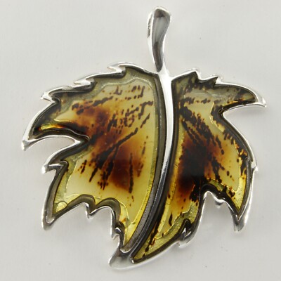 Carved Cognac / Brown BALTIC AMBER Leaf Pendant - 925 STERLING SILVER #2174e