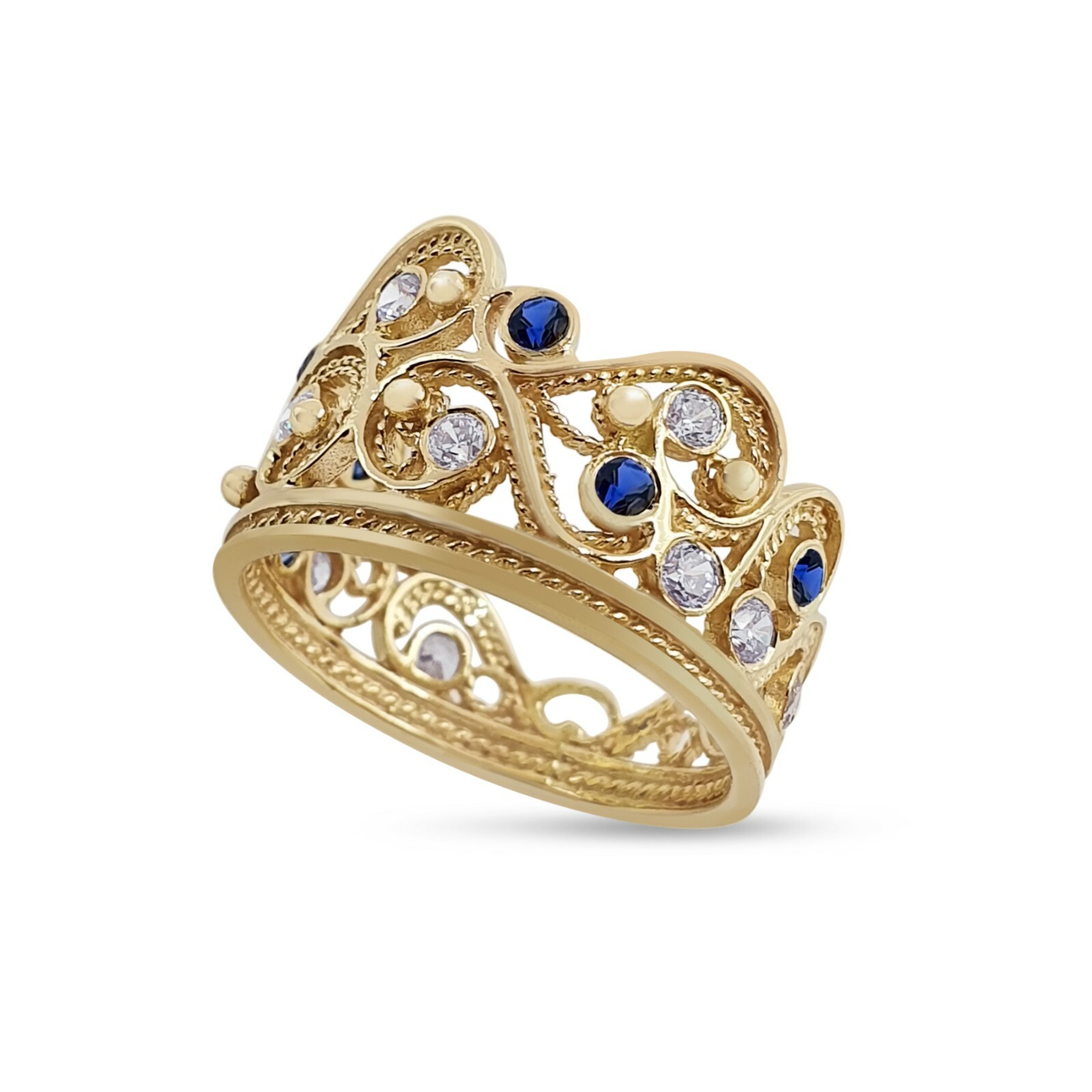 Pre-owned Handmade Deluxe 14k Yellow Gold Blue Sapphire Lavender Stone Filigree Crown Ring