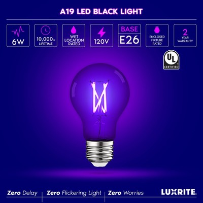 Luxrite A19 UV LED Black Light Bulb 6W Enclosed Fixture Rated E26 Base
